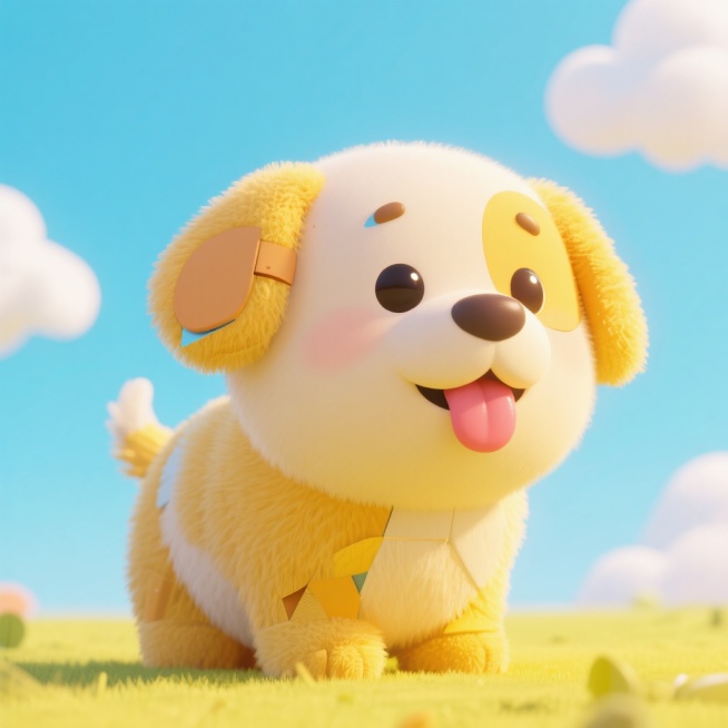 一只可爱的卡通狗狗，圆滚滚的身体，大大的眼睛，耷拉着的耳朵，吐着小舌头，身上覆盖着柔软的黄色毛发，背景是淡蓝色的天空和几朵白云，整体风格活泼俏皮预览效果