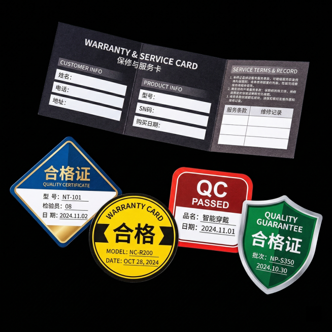 生成异形合格证款式展示主图，采用不规则排版，展示4款不同异形（菱形、圆形、方形圆角）的合格证，黑色背景突出产品轮廓，不同形状的合格证错落摆放在画面下方，上方展示对折款保修卡的内页填写区域，所有设计不重预览效果