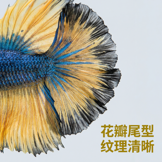 [主图 3] 泰国斗鱼半月芥子细节展示主图
[氛围风格] 微距特写风格，突出质感和细节
[画面元素] 商业摄影质感、光线柔和通透、产品清晰真实、画面干净高级。特写展示泰国斗鱼半月芥子的尾鳍纹理，放大展预览效果