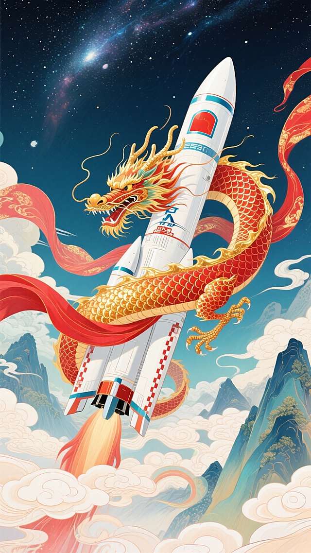 巨大白色火箭居画面中心为核心焦点，红金色的巨龙环绕火箭，披帛环绕火箭飘逸展开，背景下方山峦、上方星空，空间延伸，梦幻色彩和光影变化，具有丰富的层次感