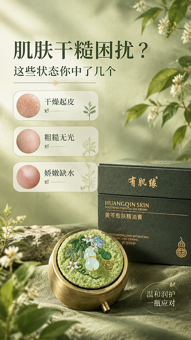 [商品] 使用【图1】葫芦款精油膏+墨绿色外盒；保留金铜色罐身、葫芦刺绣、玉葫芦挂饰、墨绿色纸质外盒、铜金色字体；修复产品质感，去除桌面背景。
[画面] 目标：肌肤困扰匹配页，引发用户对干燥粗糙肌肤的关注。构图：左文右图，右侧产品置于画面右下方占40%，左侧上方大标题+下方3组困扰卡片；前景植物叶片装饰，中景产品+信息卡片，后景柔雾渐变。
[视觉] 套系策略：风格=自然黄芩系简约轻奢植系护肤商业摄影；标题字=简约优雅衬线字体；正文字=简洁细衬线体；主色=橄榄绿+墨绿；背景延展=基于橄榄绿做深浅渐变、同色系柔雾层次、细腻纸张/织物质感；强调色=铜金色，仅用于小面积图标、引线、标签和品牌文字高光；标题色=深墨绿；正文色=中暖灰；组件=圆角浅绿信息卡、细线引线、植物线条插画装饰；光影=左前侧暖柔光，柔和漫射。
[文字] 左上主标题"肌肤干糙困扰？"，副标题"这些状态你中了几个"；下方3张困扰卡片："干燥起皮""粗糙无光""娇嫩缺水"，每张配圆形肌肤状态示意图；右下角产品旁小字"温和润护 一瓶应对"。
[规格] 图片比例9:16竖版，4K，避免变形、错字、文字过小、医疗功效表述、夸大对比、冷蓝背景。