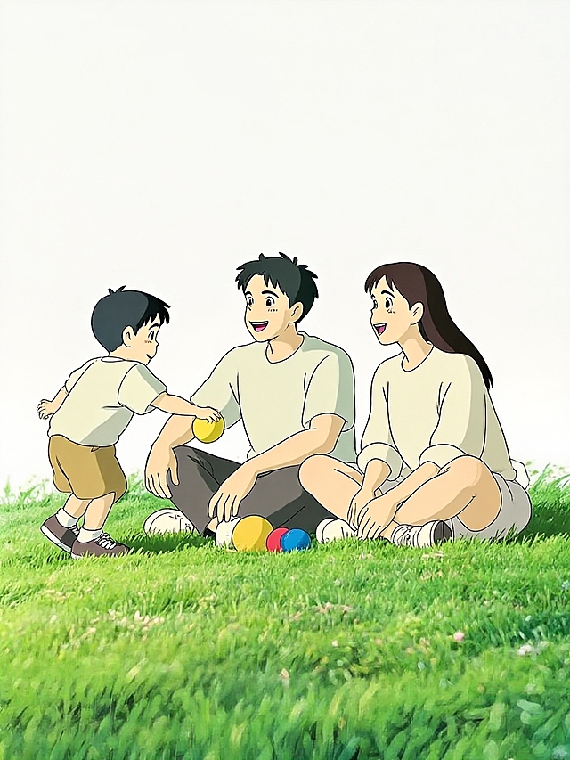 温馨插画风，卡通家庭草地嬉戏，色彩明亮，尽显欢乐时光。