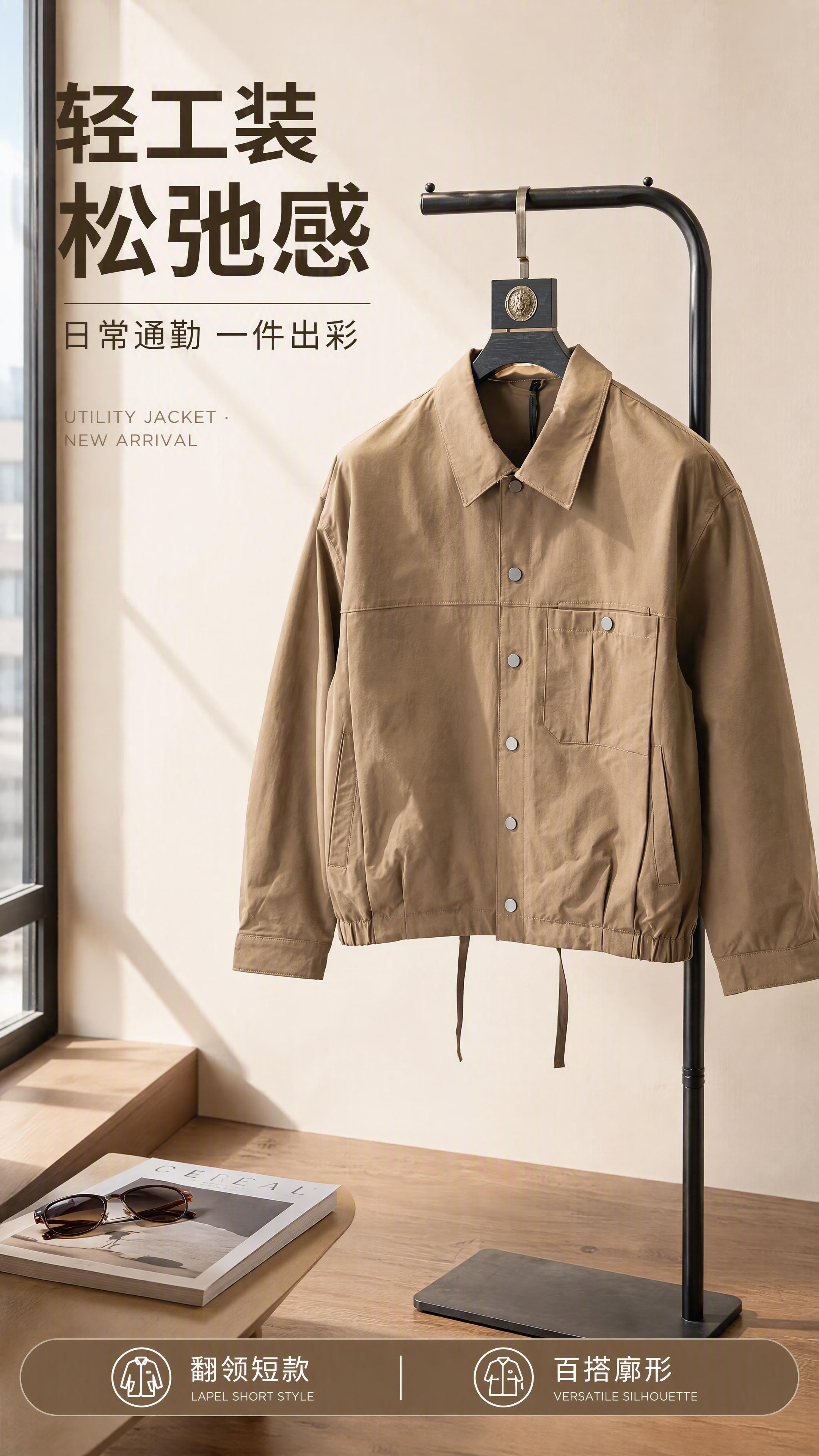 [第1张] 详情页头图-卡其色翻领短款工装夹克主视觉海报。本张… - 图片创意预览