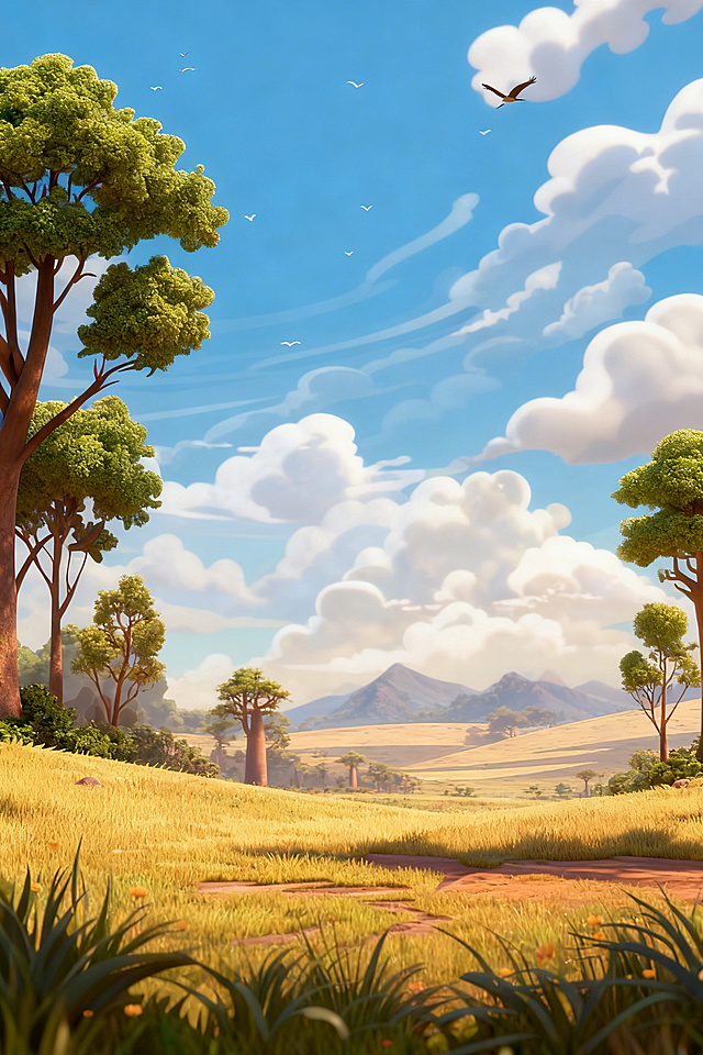 将画面转换为皮克斯风格的非洲草原场景，替换为猴面包树，保留蓝天远山元素
