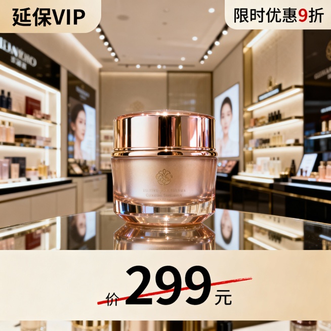 生成三张不同场景的面霜电商主图，价格“299元”，比例1:1，延保VIP ,限时优惠9折预览效果