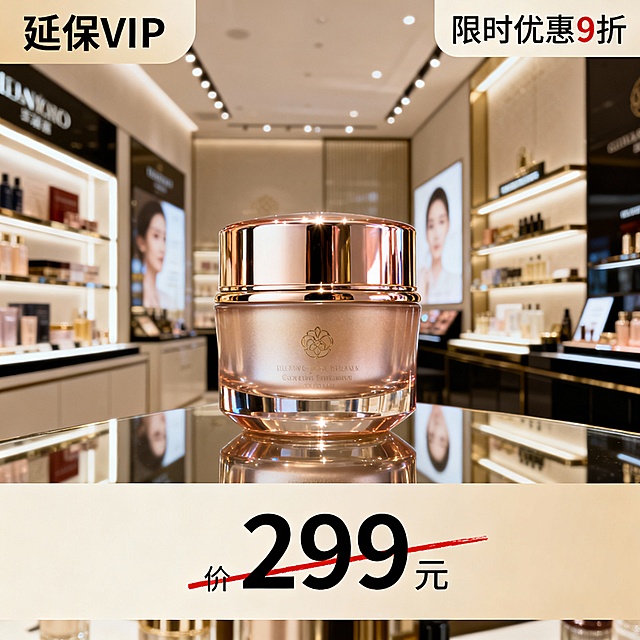 生成三张不同场景的面霜电商主图，价格“299元”，比例1:1，延保VIP ,限时优惠9折