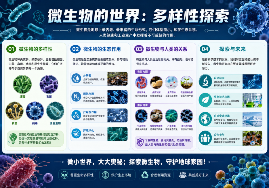 1m×0.7m微生物多样性科普展板设计，主标题为"微生物的世界：多样性探索"，包含标题栏、四大内容板块和底部标语，科学科普风格，排版清晰预览效果
