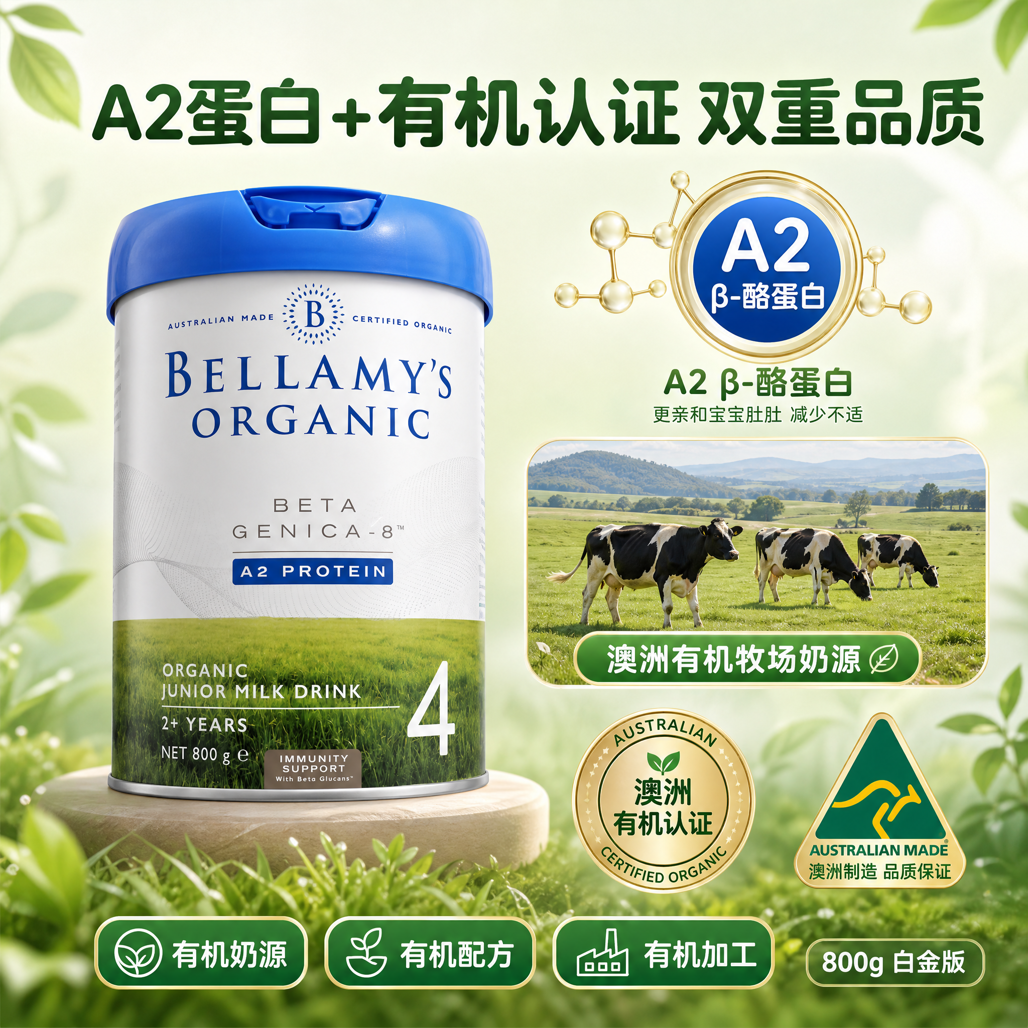 [主图-3] A2蛋白+有机认证图，突出A2β-酪蛋白和澳洲有… - 图片创意预览