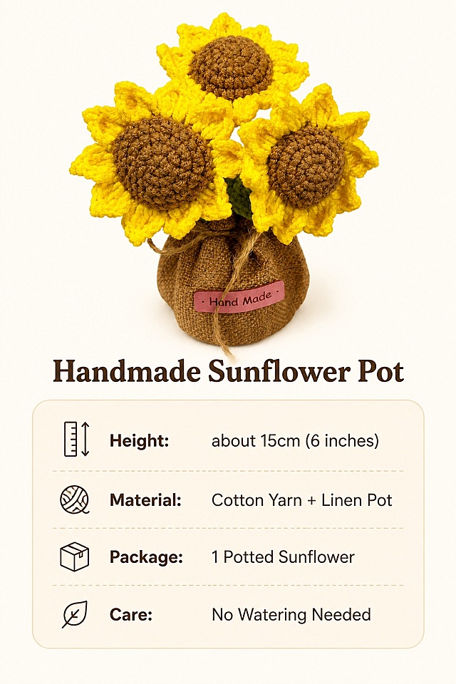 [第8屏] 规格信息 - Product Specifications. 本屏使用【图1】作为产品展示
[氛围/风格] 简约信息卡，清晰干净，易读易懂
[元素布局] 产品小图放在画面上方，占比约40%，下方为圆角参数卡片区域；保留产品原有造型颜色，和原图一致，整体布局干净整洁
[光影质感] 均匀柔光，整体明亮，信息清晰，无明显硬阴影
[配色色系] 全局底色 #fcfaf5；产品自然本色，参数卡片浅米色底，深棕色文字
[视角构图] 从上到下竖版排版，信息层级清晰
[文字版式] 顶部产品下方主标题 "Handmade Sunflower Pot"，下方参数卡片清晰列出：
• Height: about 15cm (6 inches)
• Material: Cotton Yarn + Linen Pot
• Package: 1 Potted Sunflower
• Care: No Watering Needed  
文字排版清晰，行距舒适，所有文字清晰可读
[比例分辨率] 9:16竖版比例，4K分辨率，文字清晰可辨，高清画质
[负向提示词] product deformation, wrong color, text blurry, text distortion, watermark, Chinese characters