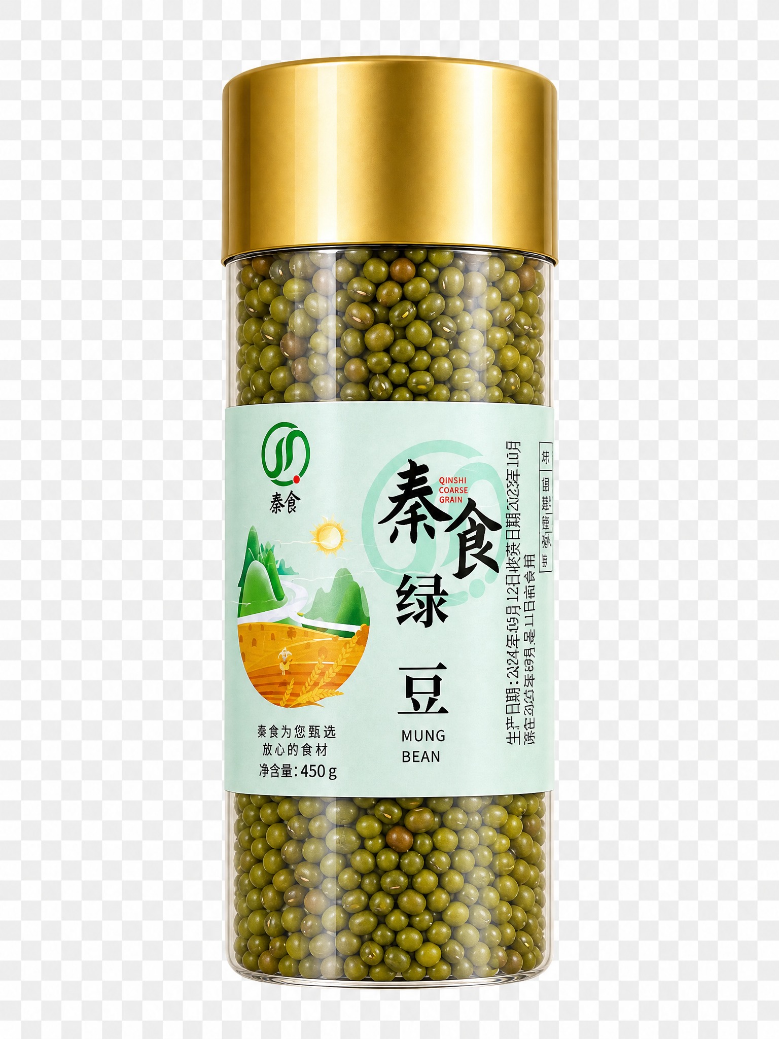 参考图中罐装杂粮产品的精修风格：金色金属瓶盖有光泽质感，透明玻… - 图片创意预览