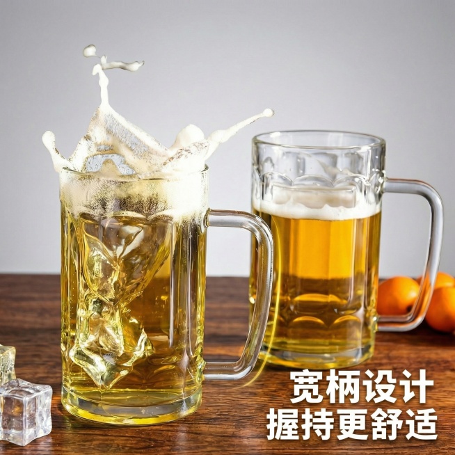 根据这张主图帮我生成一套电商主图吧，要求更改背景，风格相同，体现出来带手柄方便，加厚杯底加厚杯壁，330毫升黄金容量预览效果