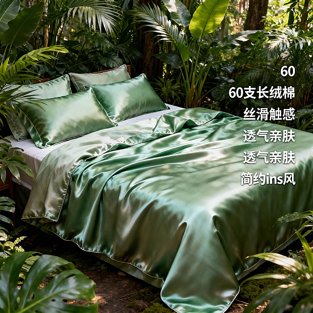 现在我的需求是作为电商设计人要求有平铺展示员，要做一套真丝床品四件套的电商套图。其中包括主图4张，详情页6张。 产品图片：平铺展示、铺床效果图、细节特写（凸显出真丝材质、暗里花纹）。图片场景为森林系背景下的奢华床品，目的是为了凸显出材质100%的天然成分。分辨率建议不低于800×800像素。

  ◦ 文案信息大标题为：亲肤科学

【微米级丝胶保护层 | 第二层肌肤的透气哲学】

保留天然丝胶蛋白膜，形成0.1毫米的呼吸调节层。冬暖夏凉，湿度平衡，如同肌肤的「天然湿度管理系统」，整夜保持舒爽柔滑。触觉轻柔唤醒
    ▪ 产品卖点：如“60支长绒棉”、“丝滑触感”、“透气亲肤”、“简约ins风”。

    ▪ 产品参数：如“材质：100%棉”、“尺寸：1.5m/1.8m床适用”。

    ▪ 促销信息：如“限时优惠”、“赠品”等。