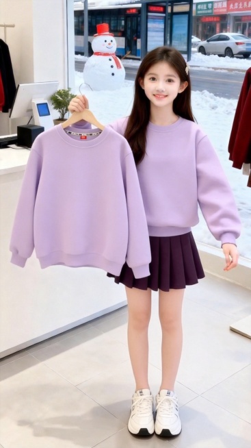 用图1衣服和短裙替换掉图2模特穿的衣服裤子和模特手中衣架上挂着的衣服，保留原场景光影，保持图2的人物的五官和发饰不变，姿势不变，鞋子变为白色运动球鞋，背景不变，图片宽高尺寸不变，保持图1衣服和短裙的预览效果