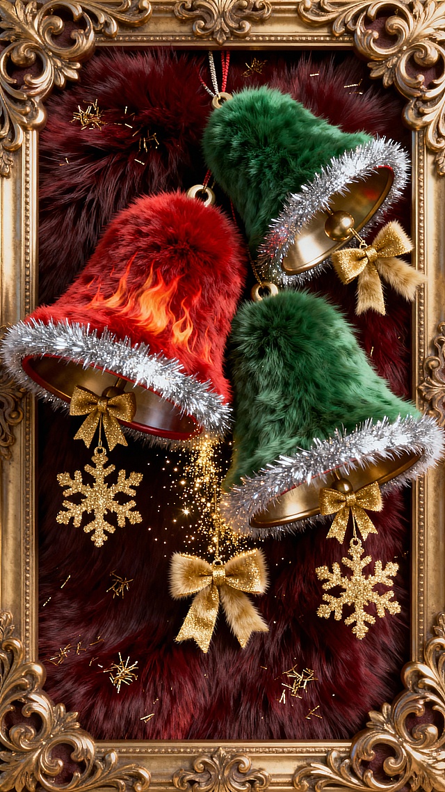 三只银铃镶边的红绿圣诞铃铛占据画面中心特写，铃铛坠着金色蝴蝶结与雪花挂饰，碰撞处泛着细碎光泽。整体包裹着复古雕花金色欧式边框，背景为深酒红色，点缀细碎金粉质感
