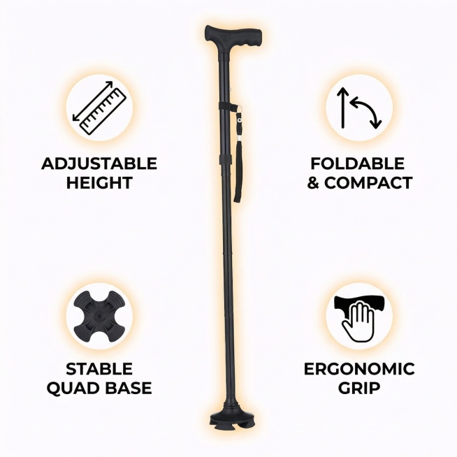 Create an Alibaba main image for this adjustable folding elderly walking cane. The image shows the p预览效果