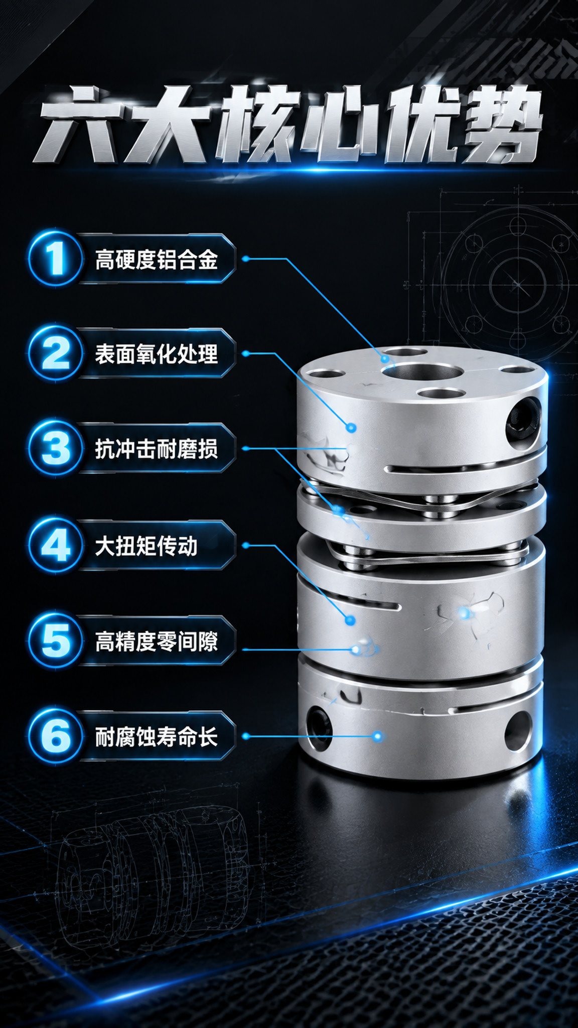 [主图-2] 铝合金单双膜片联轴器 产品亮点卖点图 黑色机械工… - 图片创意预览