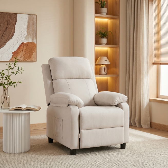 这是一处**轻侘寂风的治愈休闲角落**，以柔和低饱和色调与圆润线条为主，氛围松弛高级：

### 环境
- **空间基调**：浅暖米色墙面+浅木色踢脚线，搭配浅米编织纹理地毯，右侧百叶帘+布帘柔化自然预览效果