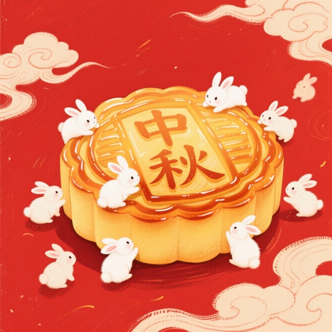 以巨大的金黄色月饼为中心焦点，有多只可爱迷你白兔趴在月饼上，月饼有光影渐变和油润质感，中间写文案“中秋”，白兔体态轻盈有毛绒感，喜庆深红色背景点缀祥云，采用中心聚焦式动态构图，突显梦幻童话浪漫氛围预览效果