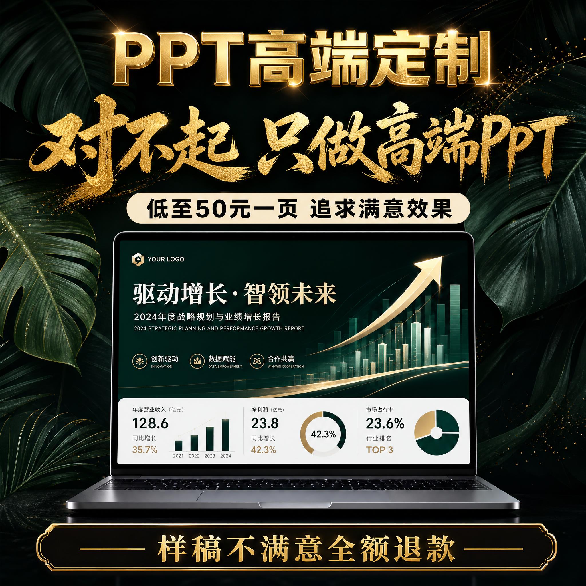 高端PPT制作服务宣传海报，1:1正方形比例，黑金配色。画面上… - 图片创意预览