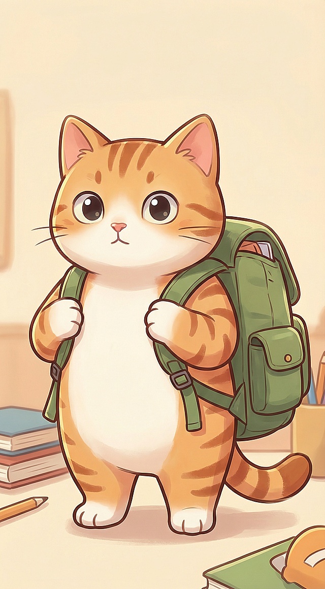 生成一个主要的正面图，要背着书包的正面小猫形象