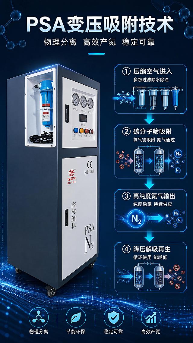 [第4屏] 详情页核心技术-PSA变压吸附制氮原理。本屏使用【图10】深蓝立式高纯度款制氮机左视图（带内部滤瓶结构）作为产品主体。
[氛围/风格] 工业科技风，深蓝科技背景，技术原理图风格，理性专业，淘宝天猫详情页技术解析屏。
[元素布局] 产品置于画面左侧，占比约45%，左视角度展示机身侧面与内部滤瓶窗口结构，深蓝+白色面板、宝尼特logo、PSA N₂标识、压力表、按钮均与输入图一致；右侧为PSA制氮工艺流程示意图，用箭头+图标串联：空气进入→压缩净化→吸附塔分离→氮气输出→尾气排出；背景加入分子结构、数据流动线条等科技元素。
[光影质感] 左侧产品主光从左上方打来，突出机身质感；右侧示意图平光清晰呈现，整体明暗有序。
[配色色系] 全局底色 #0D1B2A 深蓝；主色青蓝 #48CAE4 用于流程线和高亮；辅助色白色文字、浅蓝图标；科技感冷色调。
[视角构图] 左右分栏构图，左产品右原理，阅读动线顶部标题→左侧产品→右侧流程示意。
[文字版式] 顶部居中主标题「PSA变压吸附技术」，副标题「物理分离 高效产氮 稳定可靠」；右侧流程分4步：①「压缩空气进入」「多级过滤除水除油」②「碳分子筛吸附」「氧气被吸附 氮气通过」③「高纯度氮气输出」「纯度稳定 持续供应」④「降压解吸再生」「循环使用 能耗低」；每步配图标+箭头连接，形成完整流程；文字白色+青蓝高亮，字号清晰。
[比例分辨率] 9:16 竖版比例，4K分辨率，文字清晰可辨，高清画质。
[负向提示词] 机身变形，缺件错件，颜色偏差，水印，文字错乱，产品图模糊，流程线混乱。