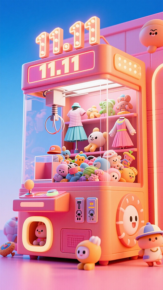 主视觉为一台超大型抓娃娃机，机身上有“11.11”灯牌，抓娃娃机内有玩具、裙子、帽子、玩偶等可爱元素，促销感氛围，粉橙色活泼氛围配色，蓝色渐变背景。