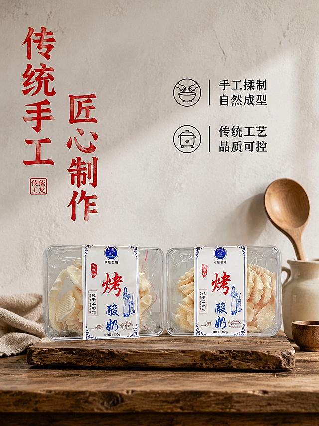 [第4屏] 纯手工制作工艺展示，体现传统制作优势。本屏使用【图2】作为产品主体。氛围风格：质朴传统风格，暖调生活化，突出手工匠心。元素布局：两盒完整产品居中放置，占比约65%，背景采用浅灰色纹理墙面，左侧配文字说明，右侧搭配手作工具小元素如木勺奶罐，保持产品包装外观文字与原图一致，结构颜色无变形。光影质感：柔和均匀自然光，产品立体感强，明暗过渡自然。配色色系：全局底色 #f0f0f0，主色产品奶白色，红色包装文字，浅木色装饰。视角构图：正面平视，产品中心对称，稳重大气。文字版式：左侧竖排主标题「传统手工 匠心制作」，加粗红色；右侧分两点说明：「手工揉制 自然成型」「传统工艺 品质可控」，黑色文字清晰排版，不遮挡产品主体。比例分辨率：3:4 竖版比例，4K分辨率，文字清晰可辨，高清画质。负向提示词：变形，水印，文字错乱，产品外观改变，背景杂乱。