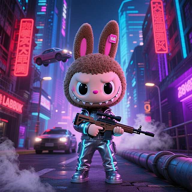 赛博朋克风的未来城市，拟人化的兔子战士手持高科技武器，霓虹灯与金属质感交织，酷炫感十足。