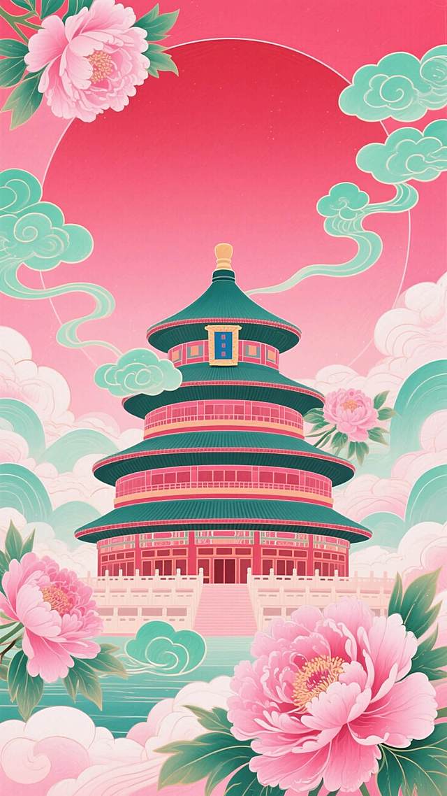 红粉渐变背景，北京地标居中，牡丹、祥云粉绿少量点缀