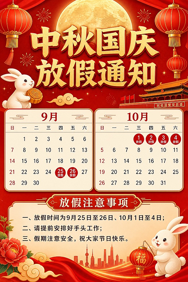 一张竖版节日公告图片，主题为中秋与国庆假期安排，风格喜庆明亮，中国红与金色配色，装饰有圆月、玉兔、红灯笼。顶部大字标题写“中秋国庆放假通知”。中间区域用两个并排的日历表展示放假日期：左侧9月日历中，25日和26日两格用红色圆形标记并写“放假”；右侧10月日历中，1日、2日、3日、4日四格用红色圆形标记并写“放假”。底部标题“放假注意事项”，下方写三行：一、放假时间为9月25日至26日、10月1日至4日；二、请提前安排好手头工作；三、假期注意安全，祝大家节日快乐。整体文字清晰、笔画工整，适合公司内部张贴。