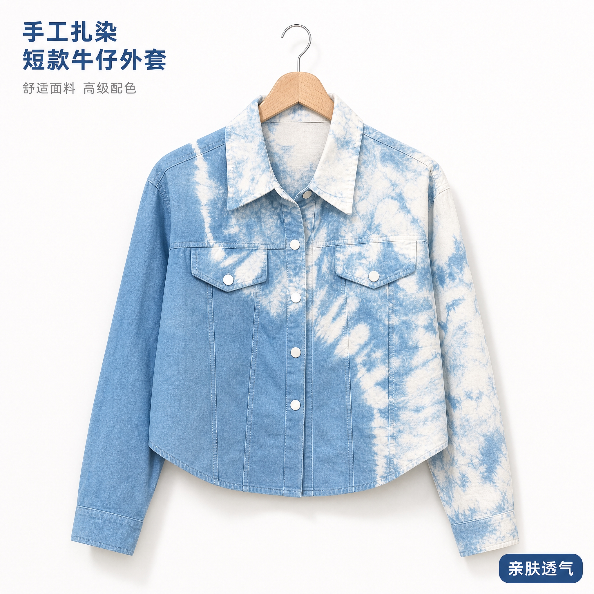 [主图-1] 白底简约正面展示，突出蓝白扎染短款牛仔衬衫外套的… - 图片创意预览