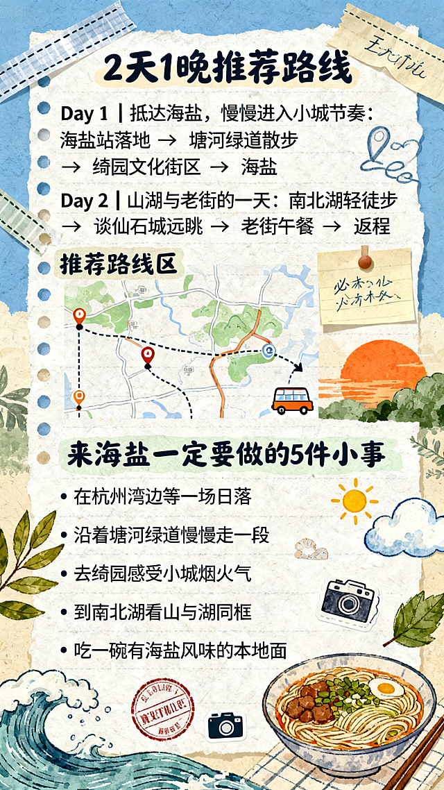 原创手绘插画风竖版长图，旅行手账风格，平面设计稿，平面无透视，适合手机端上下滑动阅读。整体色彩以海盐蓝、米白、浅沙色、草木绿、日落橙为主，清爽治愈。标题使用圆润手写粗体字，正文使用清晰可读的圆角无衬线字体。画面为推荐路线区，标题“2天1晚推荐路线”，内容为“Day 1｜抵达海盐，慢慢进入小城节奏：海盐站落地 → 塘河绿道散步 → 绮园文化街区 → 海滨公园看日落”和“Day 2｜山湖与老街的一天：南北湖轻徒步 → 谈仙石城远眺 → 老街午餐 → 返程”，使用纵向路线图、虚线箭头、编号圆点、小地图节点和交通工具图标呈现。下方为必体验清单区，标题“来海盐一定要做的5件小事”，内容为“在杭州湾边等一场日落”“沿着塘河绿道慢慢走一段”“去绮园感受小城烟火气”“到南北湖看山与湖同框”“吃一碗有海盐风味的本地面”，每条配一个原创小插画。整体装饰使用手绘虚线、胶带、便签纸、地图路线、编号圆点、相机图标、小太阳、云朵、海浪、树叶、旅行印章和贴纸标签，不过度堆砌。所有插画原创，无真实品牌logo、无水印、无错字，文字清晰可读，图文比例均衡，画面高清细腻。