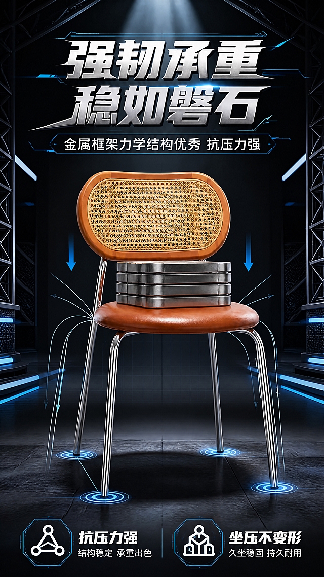 [第4张] 结构力学页 - 金属框架抗压力强，承重出色，坐压不变形。本张使用【图1】作为商品主体。
[氛围/风格] 力量感科技风，结构力学展示，商业摄影质感，无人物。
[元素布局] 餐椅置于画面中央，占比约55%；椅面上放置重物示意（如堆叠的金属块、厚重书籍等），椅腿周围有力学线条、承重箭头、结构受力示意图案；背景为深色科技感空间，搭配几何线条、LED灯带、金属网架等元素；餐椅比例结构与原图一致。
[光影质感] 顶部聚光打亮产品，侧面轮廓光勾勒金属框架，底部投影增强稳重感，整体光影突出力量与稳固。
[配色色系] 全局底色深空灰调；主色金属银+科技蓝；辅助色黑色、白色线条、蓝色光效。
[视角构图] 微仰视正面视角，中景，突出椅子的稳固承重感。
[文字版式] 上方大字号艺术字主标题「强韧承重 稳如磐石」带力量感线条装饰花样；副标题「金属框架力学结构优秀 抗压力强」；下方两点：「抗压力强」「坐压不变形」，配力学结构图标；文字使用硬朗科技艺术字体。
[比例分辨率] 9:16竖版比例，4K分辨率，文字清晰可辨，高清画质。
[负向提示词] 产品变形，比例失调，缺件错件，颜色偏差，人物，水印，文字错乱，尺寸标注，内部结构展示。