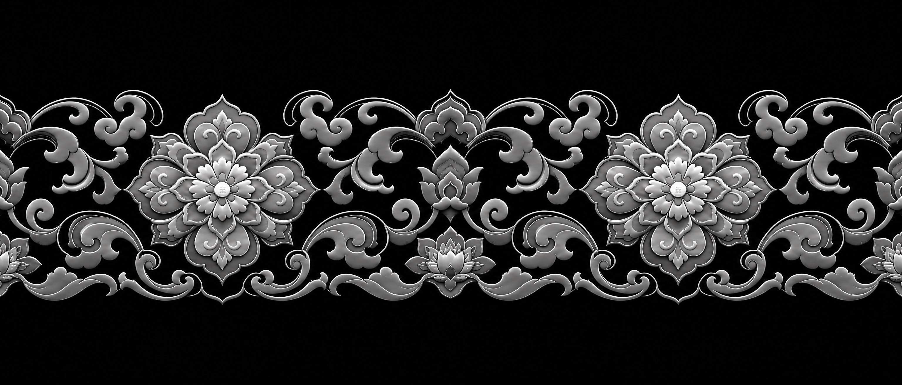 将这条蓝白金色缠枝莲花边转换成ZBrush浮雕用的灰度图（高度… - 图片创意预览