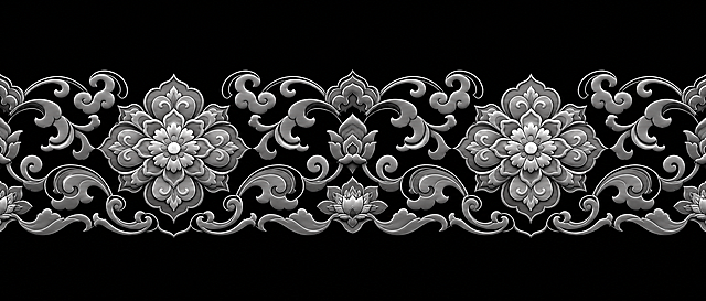 将这条蓝白金色缠枝莲花边转换成ZBrush浮雕用的灰度图（高度图），白色代表最高凸起，黑色代表最低凹陷，背景为纯黑色。主花朵中心最高最亮，花瓣层次依次降低，卷草纹有起伏层次，金色描边凸起，灰度层次丰富分明，细节清晰，适合雕刻浮雕，保持横向二方连续无缝结构