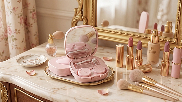 以粉色心形装饰的隐形眼镜盒套装为主体，包含镜子、镊子、取镜器和双联盒，物体主体特征不变，放置在精致的欧美女性化妆台上，旁边有口红、粉底和彩妆刷，氛围温柔有质感，适配日常美妆场景使用