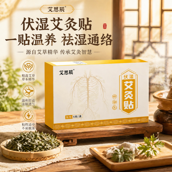 基于原产品图生成一张场景化电商卖货主图，产品是艾思辰伏湿艾灸贴，展示产品包装盒搭配艾叶元素，温暖中式养生场景，内容丰富，风格高级，具有3D立体感预览效果