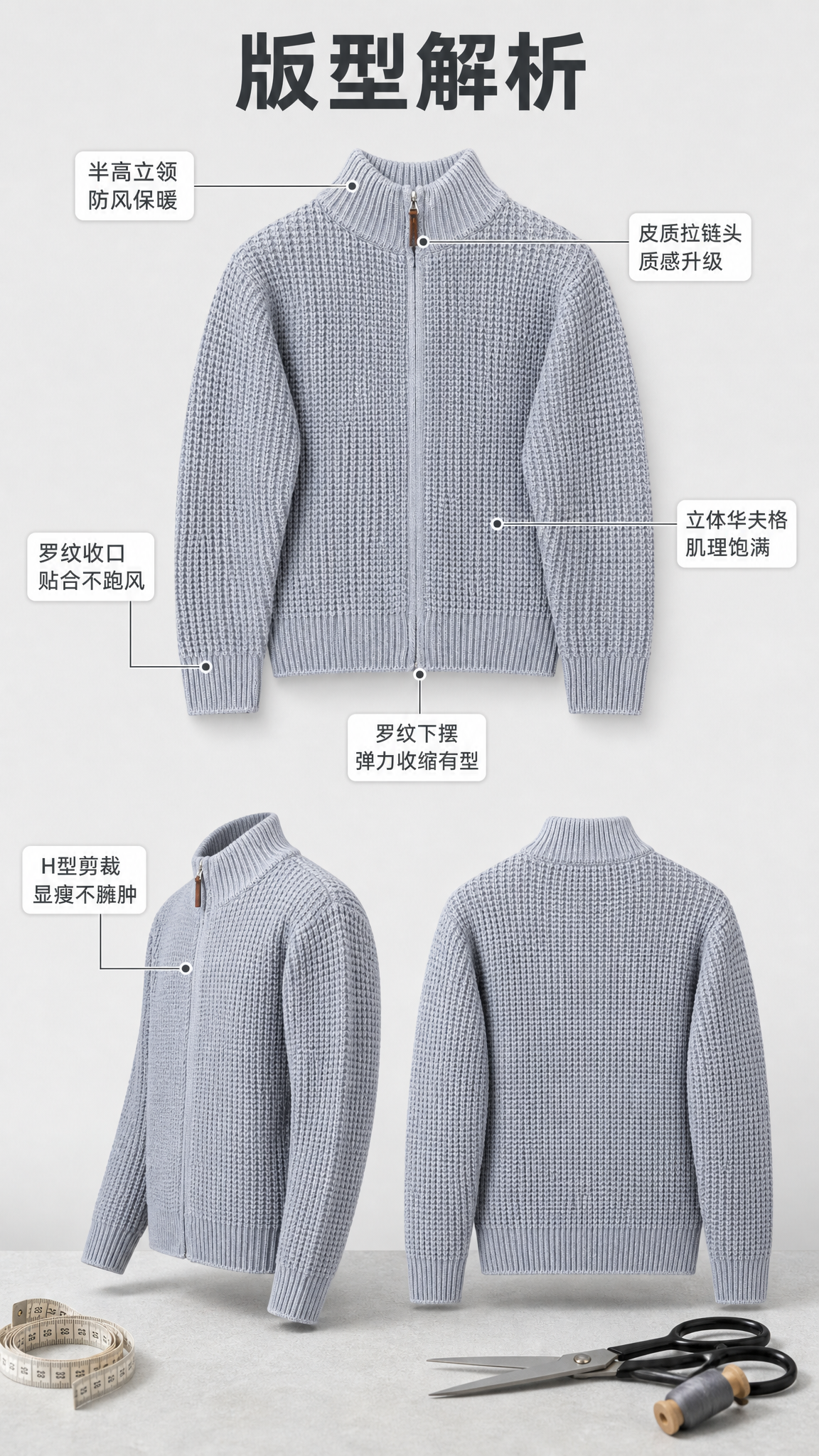 [第3张] 版型结构多角度解析页-灰色华夫格立领拉链针织开衫。… - 图片创意预览