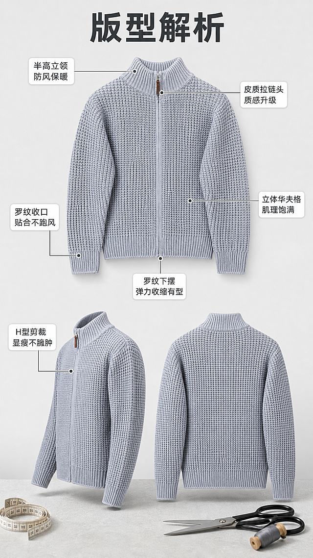 [第3张] 版型结构多角度解析页-灰色华夫格立领拉链针织开衫。本张使用【图1】作为商品主体。
[氛围/风格] 专业解析风，清晰有条理，简约高级，商业产品摄影质感。
[元素布局] 画面中央上方为针织开衫正面全貌，占比约40%；下方左右两侧分别展示侧面角度和背面角度的针织开衫；三处产品图用细线引出标注，分别指向立领、拉链头、袖口罗纹、下摆罗纹、肩部剪裁、华夫格主体；背景为浅灰色渐变，底部有浅灰色台面承托，旁边有软尺、裁缝剪刀等道具点缀；产品各角度颜色、纹理、结构与输入图一致。
[光影质感] 顶部均匀柔光，四周轻微补光，底部柔和投影，产品轮廓清晰，立体感强。
[配色色系] 全局底色 #EFEFEF 浅灰；主色灰色产品；辅助色深灰文字、白色标签、细线标注。
[视角构图] 上中下三层布局，正面主图在上，侧背两图在下并排，阅读动线从上到下，从主图到标注。
[文字版式] 顶部主标题「版型解析」4字，粗体深灰色居中；每个引线标注配短标签：「半高立领 防风保暖」「皮质拉链头 质感升级」「罗纹收口 贴合不跑风」「立体华夫格 肌理饱满」「H型剪裁 显瘦不臃肿」；标签为白底深灰字圆角矩形，简洁清晰。
[比例分辨率] 9:16 竖版比例，2K分辨率，文字清晰可辨，高清画质。
[负向提示词] 衣服变形，比例失调，颜色偏差，水印，文字错乱，标注不清，产品模糊。