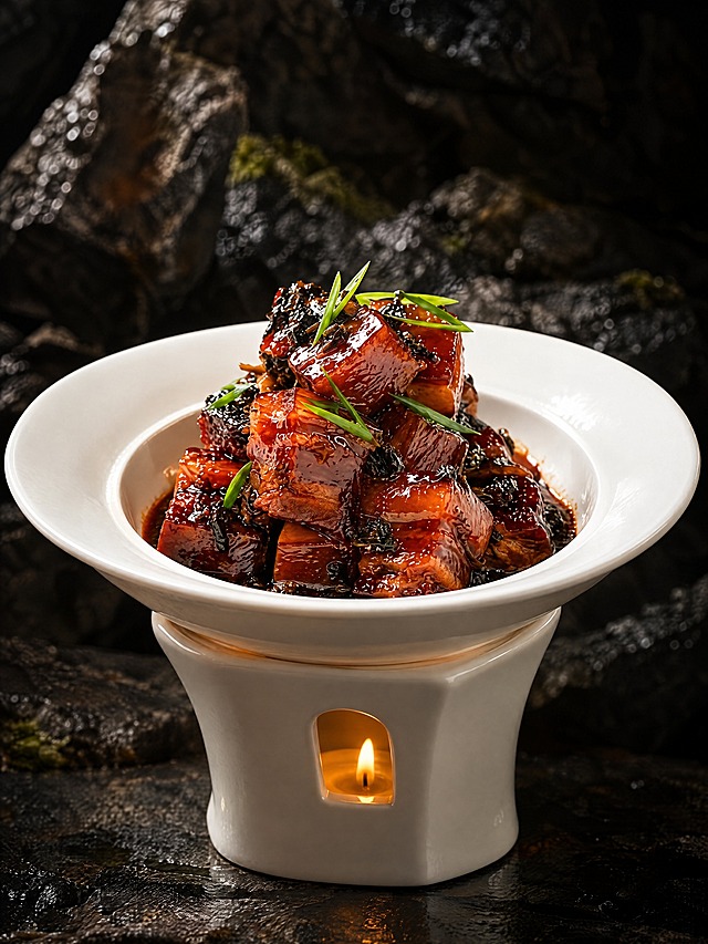 基于参考图中的红烧肉菜品，生成平视角度的美食摄影图，保持红烧肉色泽红亮油润、方块整齐，梅干菜点缀，顶部撒葱叶装饰，白色宽边瓷碗装盛，下方白色加热炉带烛光，深色岩石质感背景，暗调专业美食摄影，高清细节，诱人食欲