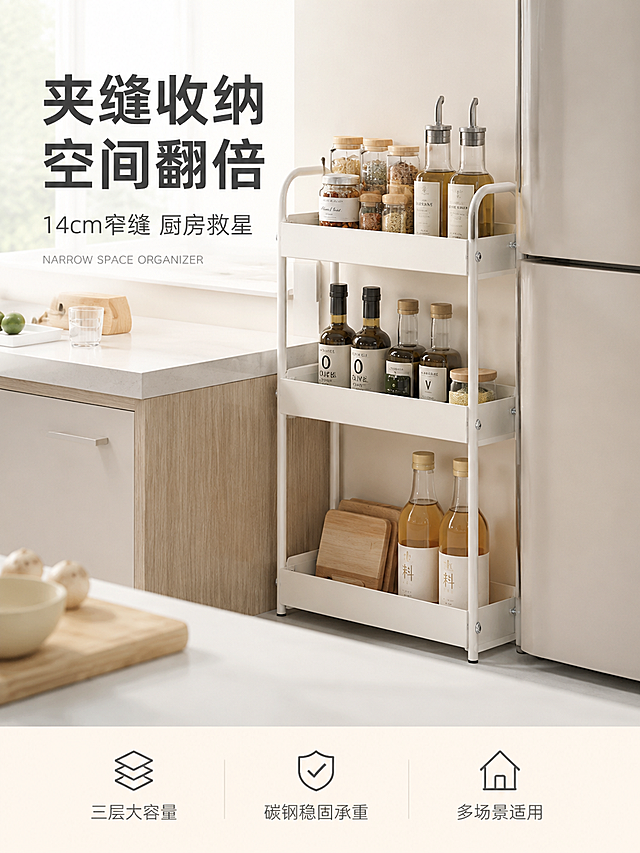 [第1屏] 详情页头图-白色三层铁艺夹缝收纳架厨房场景结果海报。本屏使用【图1】【图7】作为商品主体。
[氛围/风格] 温馨家居实景感，明亮通透，商业摄影质感，整洁有序氛围。
[元素布局] 白色三层铁艺夹缝收纳架嵌入冰箱与橱柜之间的14cm窄缝中，位于画面右侧，占比约55%-60%；收纳架上整齐摆放调料瓶、酱油醋瓶、菜板等厨房用品；左侧留出标题负空间；背景是现代简约厨房，白色橱柜、大理石台面、温暖自然光从窗户洒入；前景台面有少量厨房小物点缀。保持收纳架外观（物理结构、材质质感、白色铁艺颜色、三层长方形置物篮、圆管支架带弧形提手、银色螺丝）与输入产品图绝对一致，杜绝变形和色差。
[光影质感] 左上方自然窗光为主光，柔和漫射，右侧橱柜反光作辅光，产品底部有自然接触阴影，整体明亮通透，金属质感清晰。
[配色色系] 全局底色 #FAFAF7（暖米白）；主色白色（产品）；辅助色浅木色橱柜、浅灰色台面、深灰色标题字。
[视角构图] 平视微侧角度，产品为视觉中心，阅读动线左上标题 → 右侧产品 → 底部信息条；景深中等，背景适度虚化突出主体。
[文字版式] 左上标题区左对齐，主标题「夹缝收纳 空间翻倍」大号粗黑体深灰色；副标题「14cm窄缝 厨房救星」中号浅灰色；标题下方有小号英文装饰「NARROW SPACE ORGANIZER」；底部通栏浅米色信息条，三列分别标注「三层大容量」「碳钢稳固承重」「多场景适用」，配小图标，文字清晰可读不遮挡主体。
[比例分辨率] 3:4 竖版比例，2K分辨率，文字清晰可辨，高清画质。
[负向提示词] 变形，水印，文字错乱，文字过小，缺件错件，结构错误，颜色偏差，产品图模糊，背景杂乱，电商平台Logo