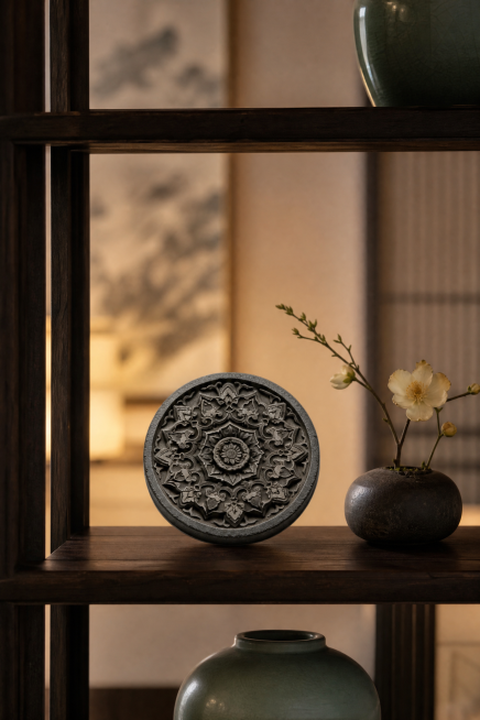 雕花圆形茶杯底托放置在新中式博古架的展示格中，旁边搭配小型花艺摆件，雅致会所展示空间场景，无文字，保留产品8x8cm尺寸0.6cm厚度，突出雕刻纹理，精致氛围，高清写实预览效果