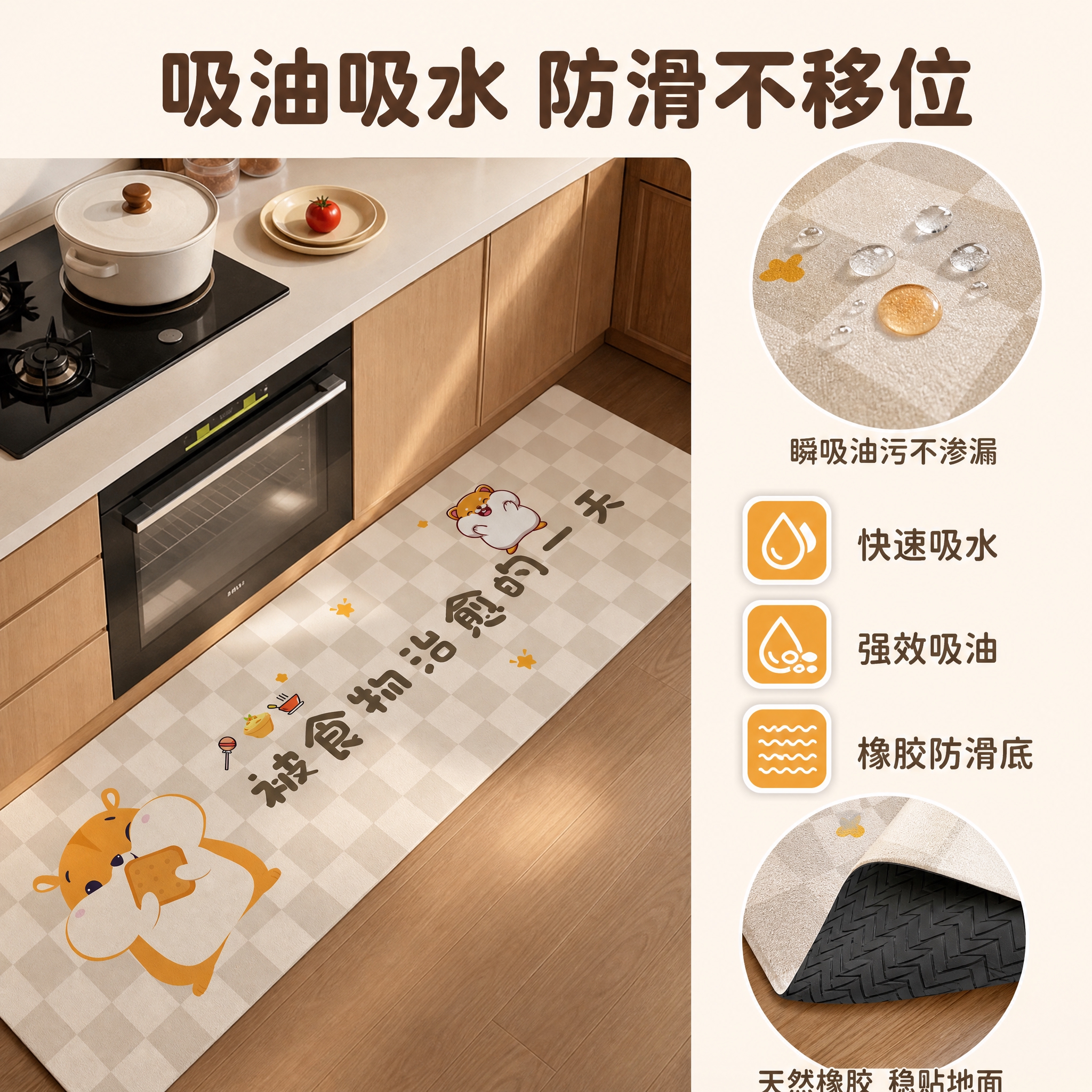[主图-2] 卖点信息与使用体验，重点展示地垫吸油吸水的核心功… - 图片创意预览
