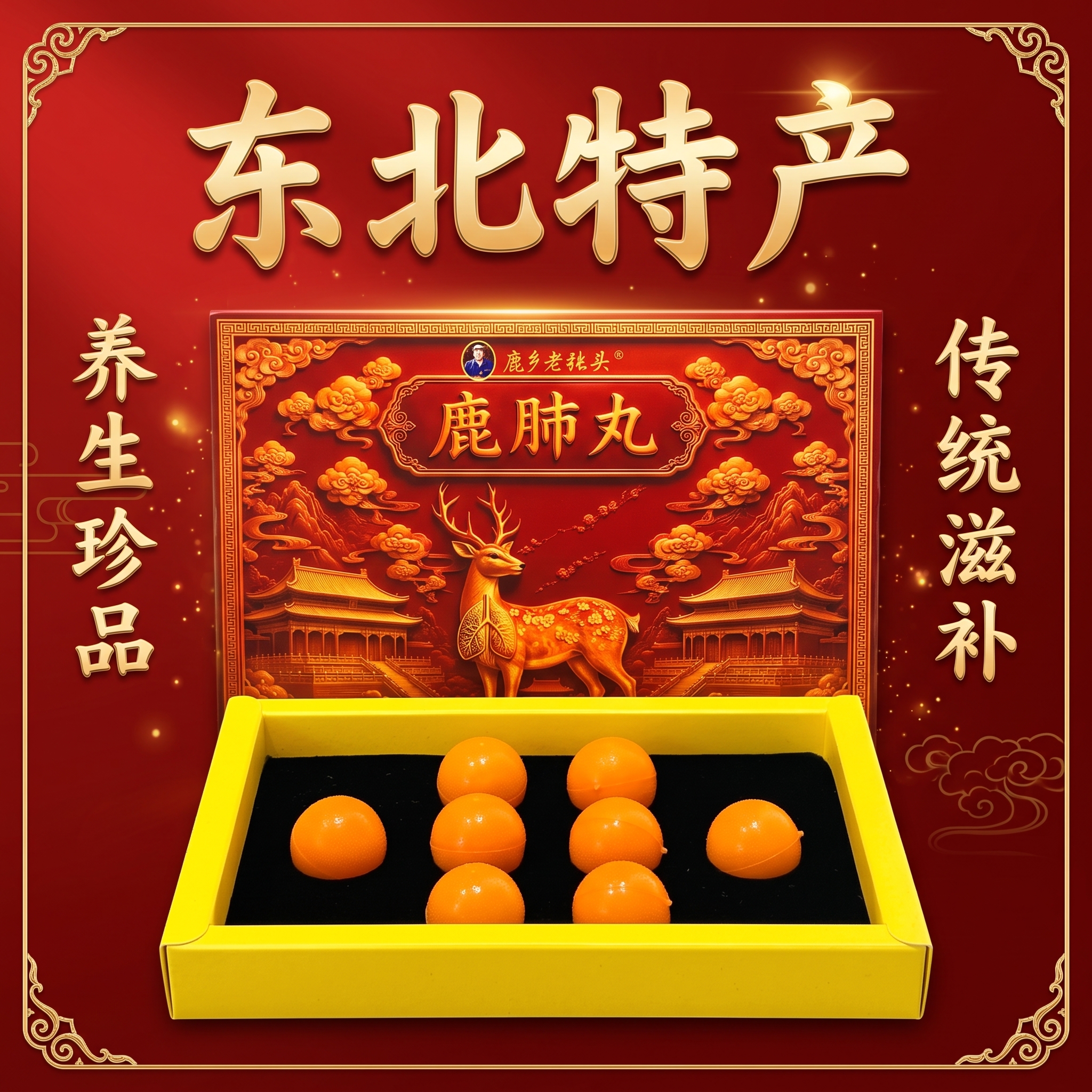 以参考图中的产品实拍为主视觉主体：保留红色描金礼盒（盒面有“鹿… - 图片创意预览
