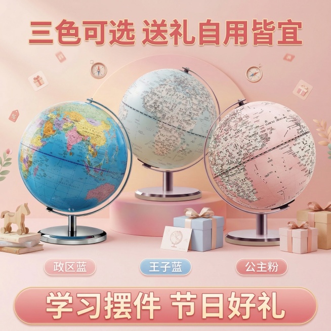 地球仪三色可选展示，将政区蓝、王子蓝、公主粉三款颜色的地球仪并排展示在渐变粉色展示台上，周围搭配礼品包装装饰，主标题三色可选 送礼自用皆宜，下方分别标注每个颜色名称：政区蓝、王子蓝、公主粉，风格温馨甜预览效果