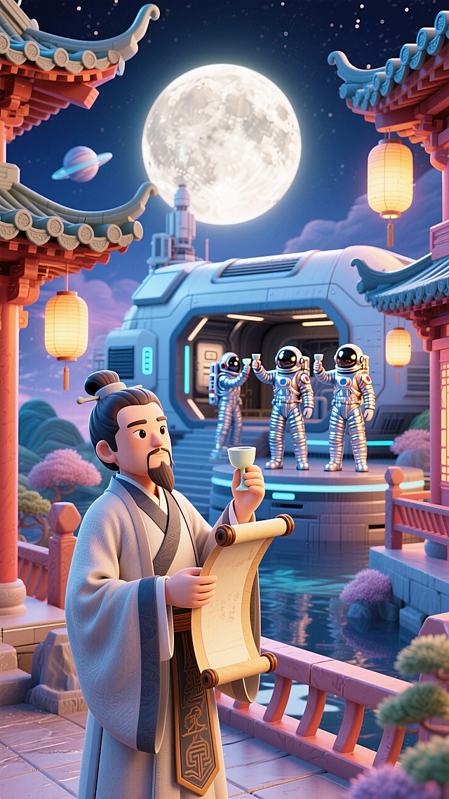 前景为一个古代文人里手持卷轴举杯，四周有古代元素，中景为空间站，3个宇航员在空间站舱内向古人方向举杯，背景是超级大月亮，形成“古今跨时空对话”氛围，奇幻浪漫，兼具古风与未来感。