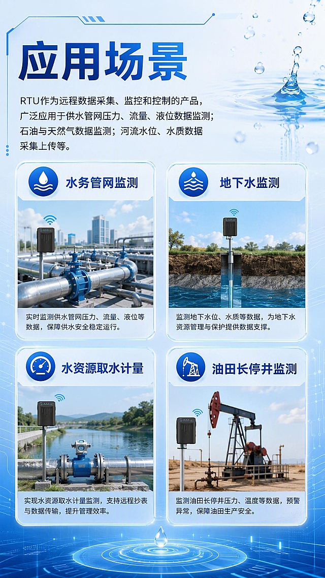 GW30应用场景电商详情页模块，竖版，工业科技风，简约大方，蓝白色调，标题“应用场景”，展示水务管网监测、地下水监测、水资源取水计量、油田长停井监测四大场景，配场景示意图标或小图，文字说明“RTU作为远程数据采集、监控和控制的产品，广泛应用于供水管网压力、流量、液位数据监测；石油与天然气数据监测；河流水位、水质数据采集上传等。”，文字清晰不变形，背景带水元素科技感，2K竖版