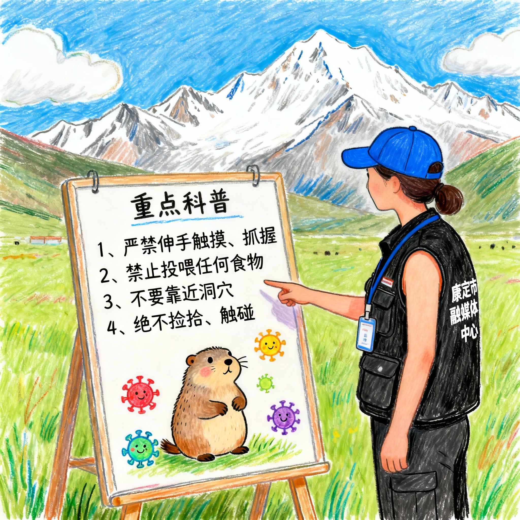 软萌蜡笔涂鸦卡通风格，川西草原雪山背景，蓝天白云绿色草地，一位… - 图片创意预览