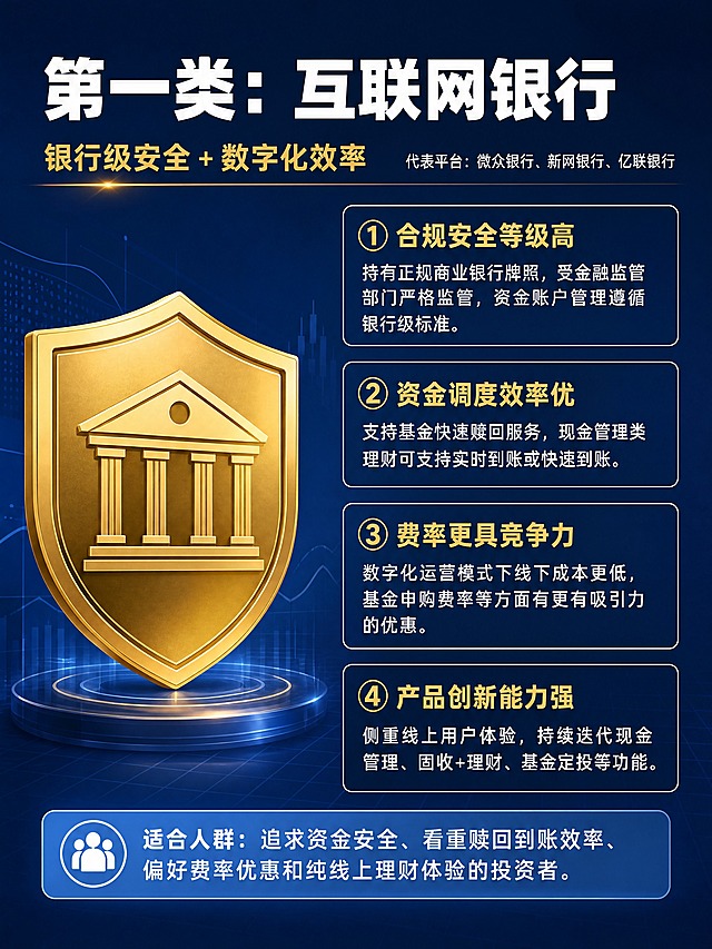 小红书图文内页，杂志海报金融专业风，版式精美，信息分区清晰。主标题：「第一类：互联网银行」，白色超粗黑体，顶部左侧。副标题：「银行级安全 + 数字化效率」，金色中等字体，主标题下方。代表平台小字：「代表平台：微众银行、新网银行、亿联银行」，白色细体，副标题右侧。左侧区域搭配一个「银行盾牌」视觉元素，金色渐变盾牌造型，盾牌内有银行建筑剪影，占据左侧约三分之一区域。右侧用四个卡片模块竖向排列对应四项核心优势，每个卡片是白色细线边框+深蓝底色：第一个卡片标题金色加粗「① 合规安全等级高」，正文白色「持有正规商业银行牌照，受金融监管部门严格监管，资金账户管理遵循银行级标准。」；第二个卡片标题金色加粗「② 资金调度效率优」，正文白色「支持基金快速赎回服务，现金管理类理财可支持实时到账或快速到账。」；第三个卡片标题金色加粗「③ 费率更具竞争力」，正文白色「数字化运营模式下线下成本更低，基金申购费率等方面有更有吸引力的优惠。」；第四个卡片标题金色加粗「④ 产品创新能力强」，正文白色「侧重线上用户体验，持续迭代现金管理、固收+理财、基金定投等功能。」。底部明确标注适配人群，用浅蓝底白字条：「适合人群：追求资金安全、看重赎回到账效率、偏好费率优惠和纯线上理财体验的投资者。」。背景：深蓝色渐变背景，统一视觉体系。整体氛围：专业、结构清晰。画质：高清细腻，文字清晰可读，四周留安全边距。画面比例3:4。