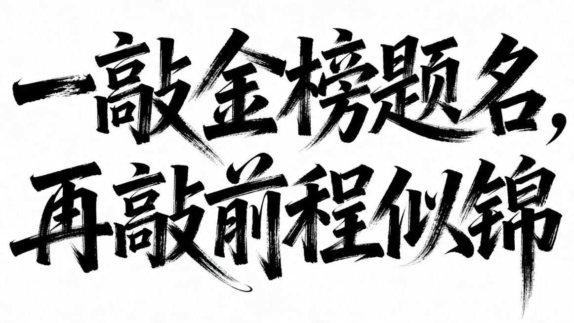 现代创意书法字体设计，文字内容为"一敲金榜题名，再敲前程似锦"，字体带有明显的毛笔书写质感，笔触表现力强，笔画粗细对比强烈，带有自然飞白和笔锋变化，有粗重按压痕迹，充满力量感与韵律感。字形灵动洒脱，打预览效果
